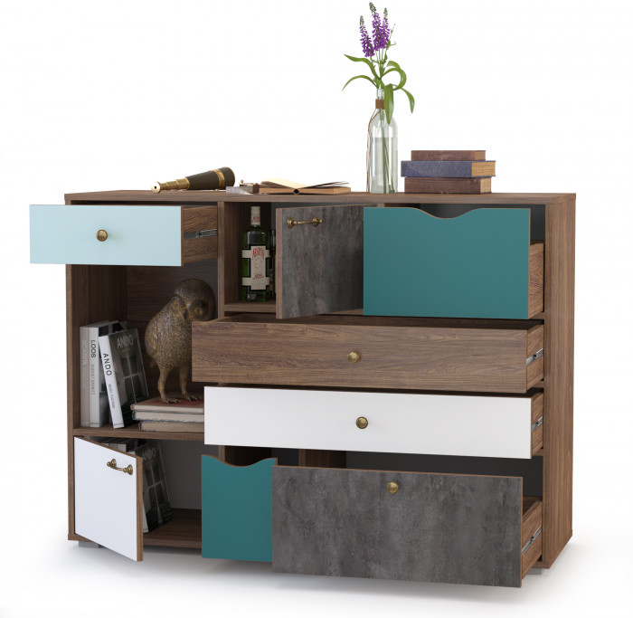 Вайс Комод 10.104, цвет морское дерево винтаж/камень тёмный/бензин/мята/белый премиум, ШхГхВ 121,2х39,9х88,8 см., НЕ универсальная сборка