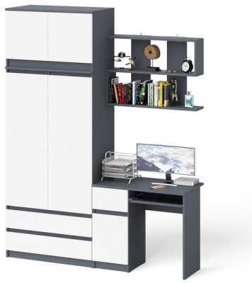 Мори компьютерный стол МС-1 левый + Шкаф МШ900.1 + Антресоль МА900.1 + Полка 900, графит/белый