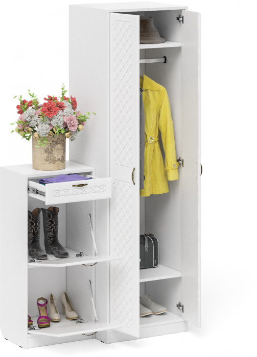 Прихожая П-6 Компоновка № 16, белая шагрень/фасады МДФ белое дерево фрезеровка ромб