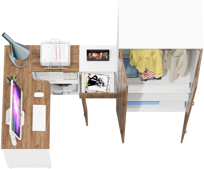 Лидер-8 Стол + Тумба МД 3.15 + Шкаф МД 19Б, белый шагрень/крафт золото