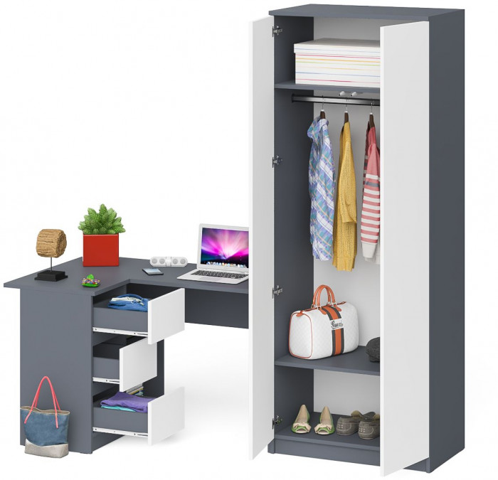 Мори компьютерный стол МС-16 левый + Шкаф МШ800.1, графит/белый