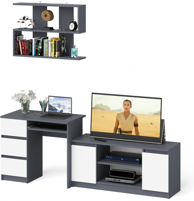 Мори компьютерный стол МС-6 левый + Тумба МТВ1200.1 + Полка 900, графит/белый