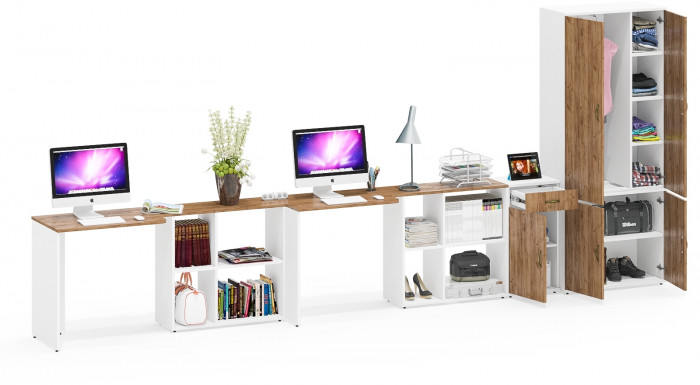 Лидер-8 Стол + Стол + Шкаф МД 20Б + Тумба МД 3.15, белый шагрень/крафт золото