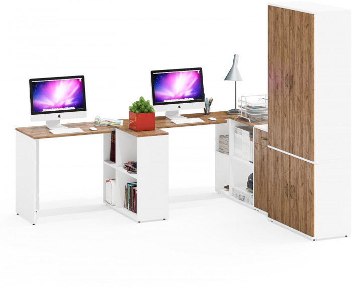 Лидер-8 Стол + Стол + Шкаф МД 20Б + Тумба МД 3.15, белый шагрень/крафт золото