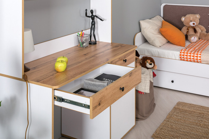 Вуди Стол письменный 12.42 + Надстройка на стол 13.161, цвет белый премиум/дуб крафт золотой, ШхГхВ 110х52,7х158,7 см., универсальная сборка