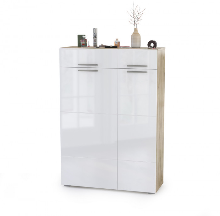 Лайн 13.121 Комод, цвет дуб крафт серый/фасады МДФ белый глянец, ШхГхВ 90х35х129,2 см., универсальная сборка