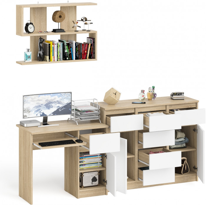 Мори Стол компьютерный МС-1 правый + Комод МК1200.4 + Полка 900, цвет дуб сонома/белый, ШхГхВ 210,4х50х209,6 см., НЕ универсальная сборка