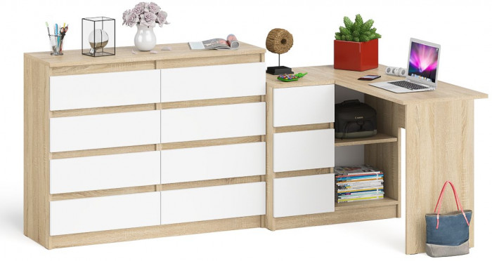 Мори Стол компьютерный МС-16 левый + Комод МК1200.8, цвет дуб сонома/белый, ШхГхВ 244,8х84,9х94 см., выдвижные ящики слев, НЕ универсальная сборкаа