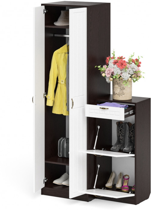 Прихожая П-6 Компоновка № 16, венге/фасады МДФ белое дерево фрезеровка прованс