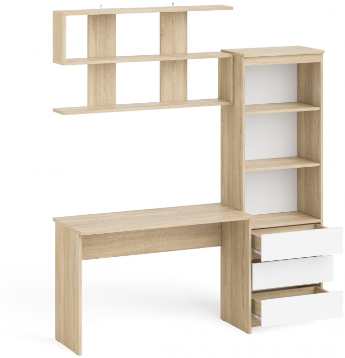 Мори Стол письменный МСП1200.1 + Стеллаж МСТ600.3 + Полка 1200, цвет дуб сонома/белый, ШхГхВ 180,8х50х209,6 см., универсальная сборка