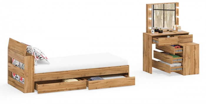 Ксения Кровать с ящиками 0900 + Стол косметический с подсветкой 110, дуб вотан
