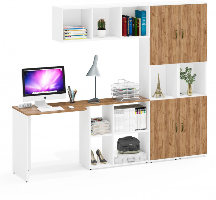 Лидер-8 Стол + Полка + Пенал + Пенал, белый шагрень/крафт золото