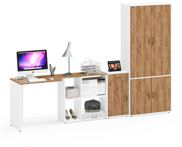 Лидер-8 Стол + Тумба МД 3.15 + Шкаф МД 20Б, белый шагрень/крафт золото