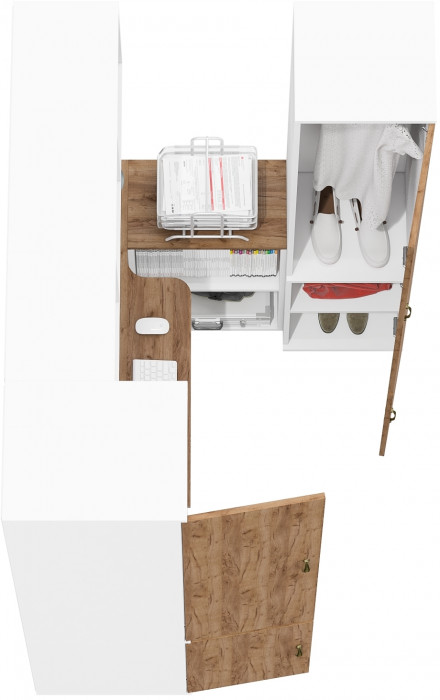 Лидер-8 Пенал МД 23Б + Стол + Полка + Пенал 21Б, цвет белый шагрень/крафт золото, ШхГхВ 245х50х190 или 155х120/50х75/190 см., НЕ универсальная сборка