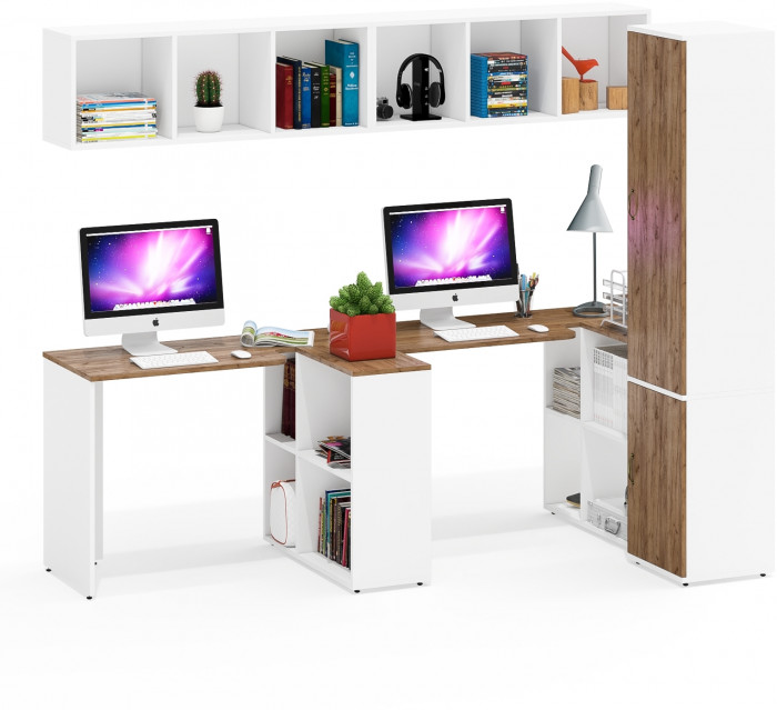 Лидер-8 Стол + Полка + Стол + Полка + Пенал МД 22Б, цвет белый шагрень/крафт золото, ШхГхВ 370х50/37,5х75/190 или 230х120/50х75/190 см., НЕ ун. сборка