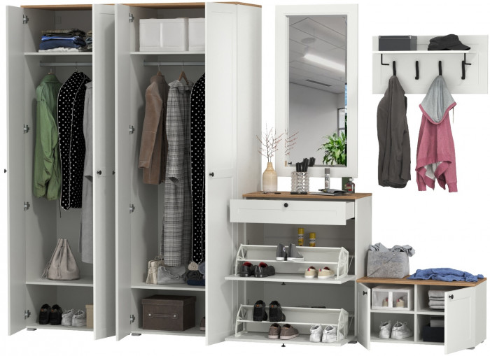 Остин Прихожая 48, цвет белый шагрень/дуб крафт золотой, ШхГхВ 320х54,3х229,6 см., универсальная сборка