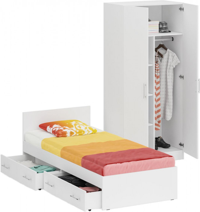 Кровать с ящиками 0900 + Шкаф 2-х створчатый Стандарт, цвет белый, ШхГхВ 93,5х203,5х70 + 90х52х200 см., сп.м. 900х2000 мм., б/м, основание есть