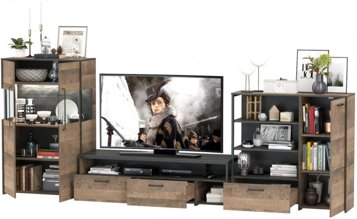 Трувор Гостиная 054, цвет дуб гранж песочный/интра, ШхГхВ 344,6х45,4х135,3 см., универсальная сборка