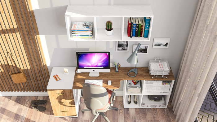 Лидер-8 Стол + Полка + Тумба МД 3.16, цвет белый шагрень/крафт золото, ШхГхВ 205х50/30х75/190 или 155х80/50х75/190 см., НЕ универсальная сборка