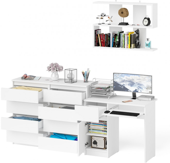Мори Стол компьютерный МС-1 левый + Комод МК1200.8 + Полка 900, цвет белый, ШхГхВ 210,4х50х209,6 см., НЕ универсальная сборка