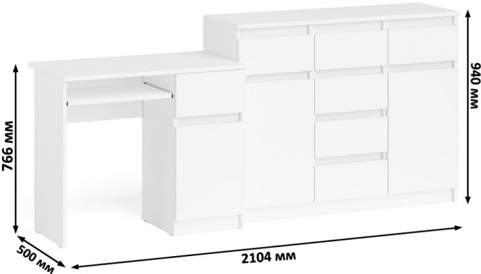 Мори Стол компьютерный МС-1 правый + Комод МК1200.4, цвет белый, ШхГхВ 210,4х50х94 см., выдвижной ящик справа, НЕ универсальная сборка