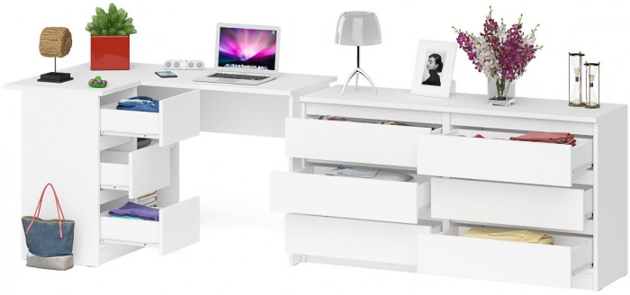 Мори Стол компьютерный МС-16 левый + Комод МК1380.6, цвет белый, ШхГхВ 262,4х84,9х76,6 см., выдвижные ящики слева, НЕ универсальная сборка