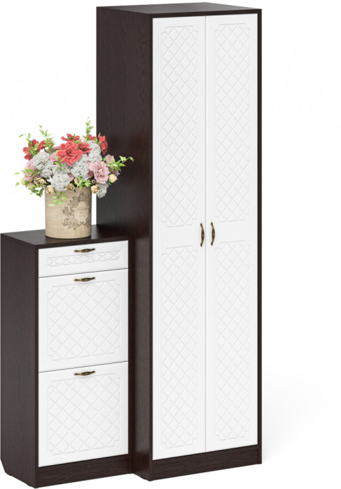 Прихожая П-6 Компоновка № 16, венге/фасады МДФ белое дерево фрезеровка ромб