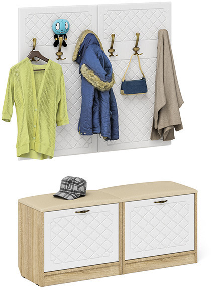 Прихожая П-6 Компоновка № 01, цвет дуб сонома/фасады МДФ белое дерево фрезеровка ромб, ШхГхВ 120х35х200 см.