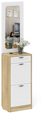 Прихожая П-6 Тумба для обуви 2 секции + Зеркало, цвет дуб сонома/фасады МДФ белое дерево фрезеровка ромб, ШхГхВ 50х35х210 см.