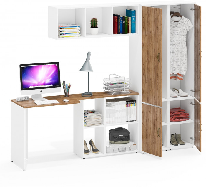 Лидер-8 Стол + Полка + Пенал МД 21Б + Пенал МД 21Б, белый шагрень/крафт золото