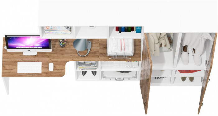 Лидер-8 Стол + Полка + Пенал МД 21Б + Пенал МД 21Б, белый шагрень/крафт золото