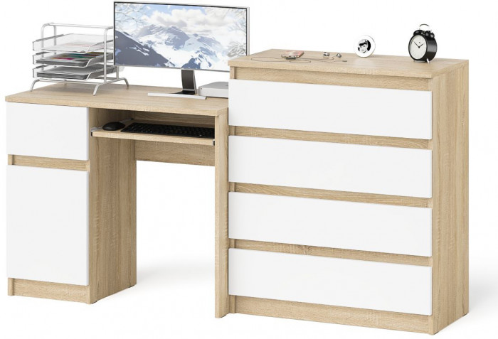 Мори компьютерный стол МС-1 левый + Комод МК800.4, дуб сонома/белый