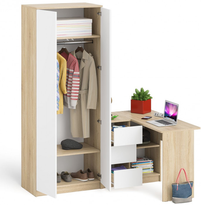 Мори компьютерный стол МС-16 левый + Шкаф МШ800.1, дуб сонома/белый