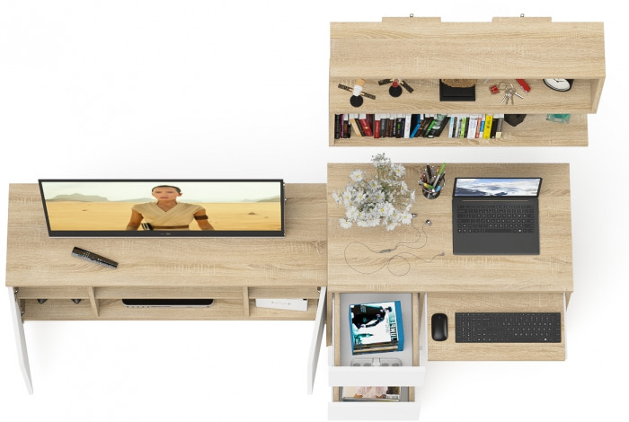 Мори компьютерный стол МС-6 левый + Тумба МТВ1200.1 + Полка 900, дуб сонома/белый