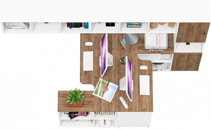 Лидер-8 Стол + Полка + Стол + Полка + Пенал, цвет белый шагрень/крафт золото, ШхГхВ 370х50/30х75/190 или 230х50/120х75/190 см., НЕ универс. сборка