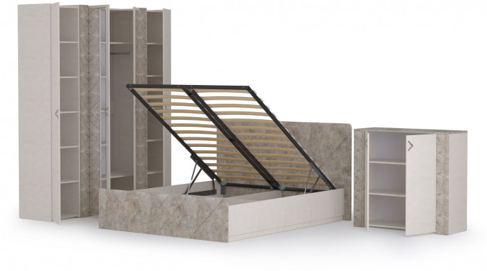 Амели Спальня № 10 Шкафы 08.49 + 13.133 + 08.49 + Кровать 11.31 + под. ортопед + Комод 13.107, цвет шёлк. камень/бетон чикаго беж, 1600х2000 мм, б/м