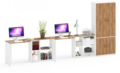 Лидер-8 Стол + Стол + Шкаф МД 20Б, белый шагрень/крафт золото