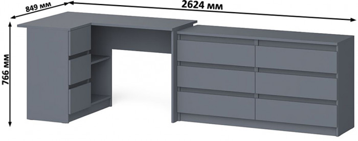 Мори Стол компьютерный МС-16 левый + Комод МК1380.6, цвет графит, ШхГхВ 262,4х84,9х76,6 см., выдвижные ящики слева, НЕ универсальная сборка