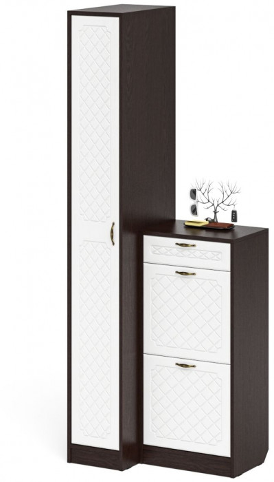 Прихожая П-6 Компоновка № 42, венге/фасады МДФ белое дерево фрезеровка ромб