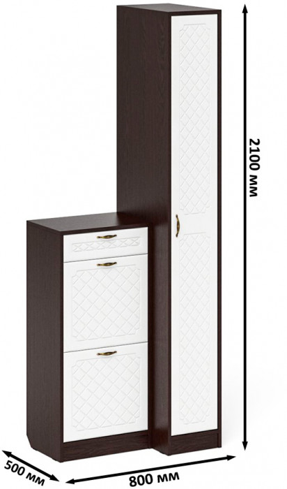 Прихожая П-6 Компоновка № 42, венге/фасады МДФ белое дерево фрезеровка ромб