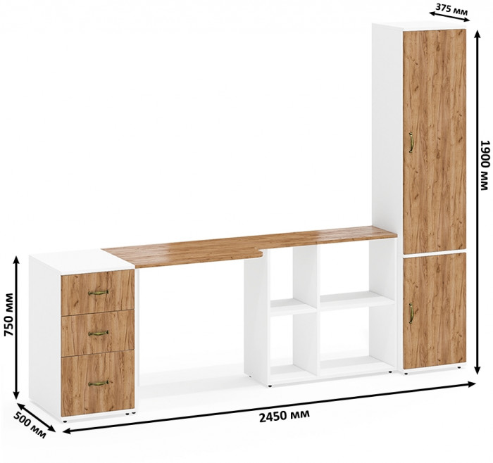 Лидер-8 Стол + Тумба МД 3.16 + Пенал МД 21Б, белый шагрень/крафт золото