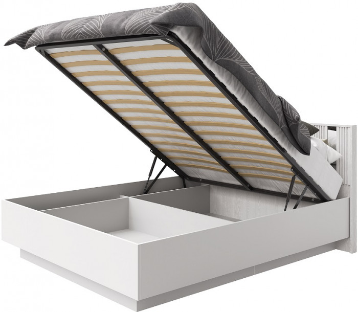 Кровать 160х200 "Харди" с подъемным механизмом - Белый текстурный/Ясень белый (зеркальн. вставки)