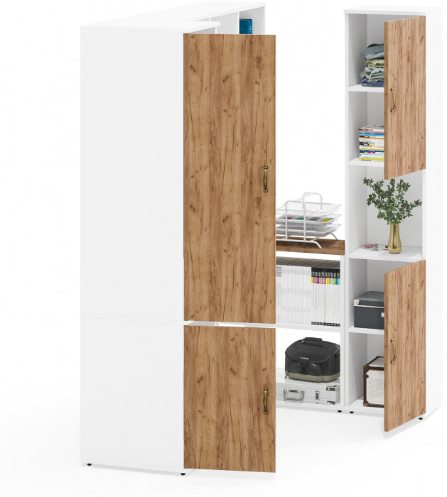 Лидер-8 Пенал МД 23Б + Стол + Полка + Пенал, цвет белый шагрень/крафт золото, ШхГхВ 245х50х75/190 или 155х120/50х75/190 см., НЕ универсальная сборка