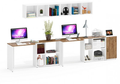 Лидер-8 Стол + Полка + Стол + Полка + Тумба МД 3.15, цвет белый шагрень/крафт золото, ШхГхВ 370х50/30х75 или 230х50/120х75 см., НЕ универс. сборка