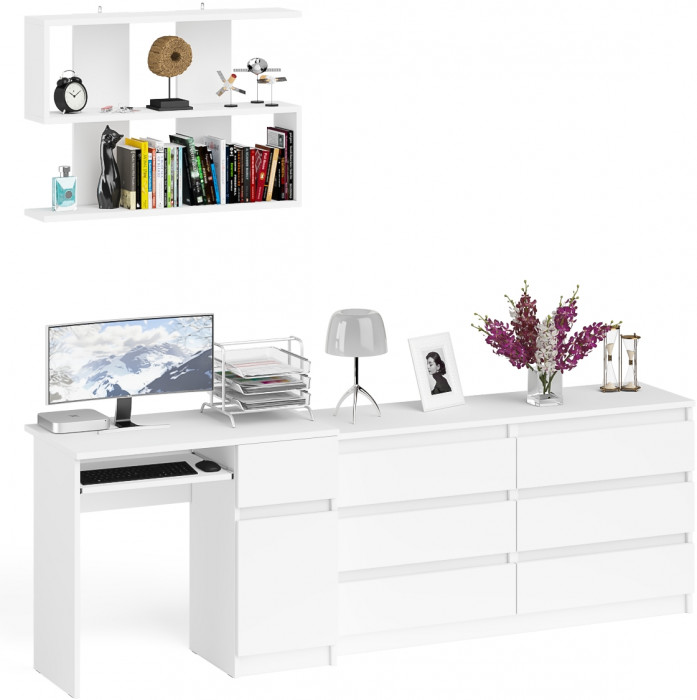 Мори Стол компьютерный МС-1 правый + Комод МК1380.6 + Полка 900, цвет белый, ШхГхВ 228х50х209,6 см., НЕ универсальная сборка
