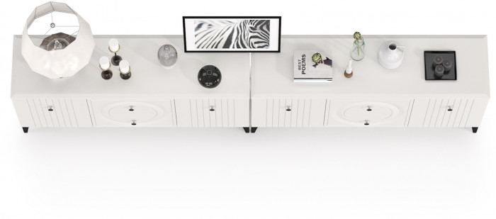 Валенсия Гостиная 16.45 Тумба под ТВ + 16.45 Тумба под ТВ, цвет ЛДСП белый шагрень/МДФ белый шагрень, ШхГхВ 266,2х38,3х63,7 см.