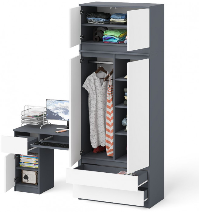 Мори компьютерный стол МС-1 левый + Шкаф МШ900.1 + Антресоль МА900.1, графит/белый