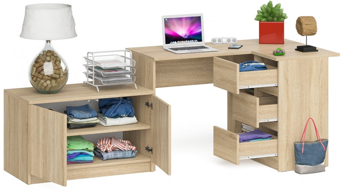 Мори компьютерный стол МС-16 правый + Тумба МА900.1, дуб сонома