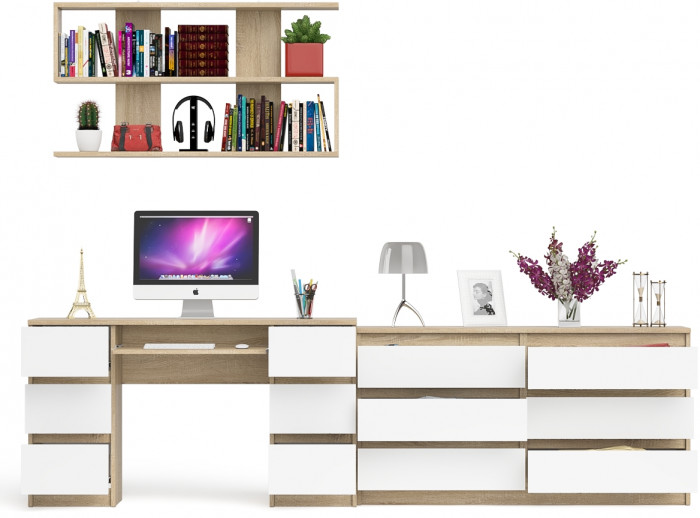 Мори компьютерный стол МС-2 + Комод МК1380.6 + Полка 1200, дуб сонома/белый