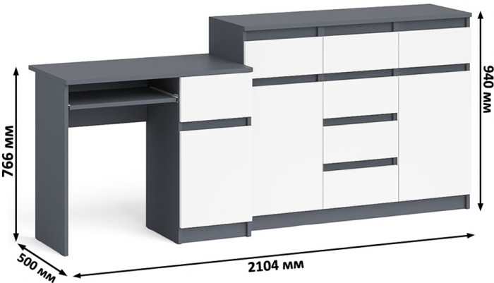 Мори Стол компьютерный МС-1 правый + Комод МК1200.4, цвет графит/белый, ШхГхВ 210,4х50х94 см., выдвижной ящик справа, НЕ универсальная сборка